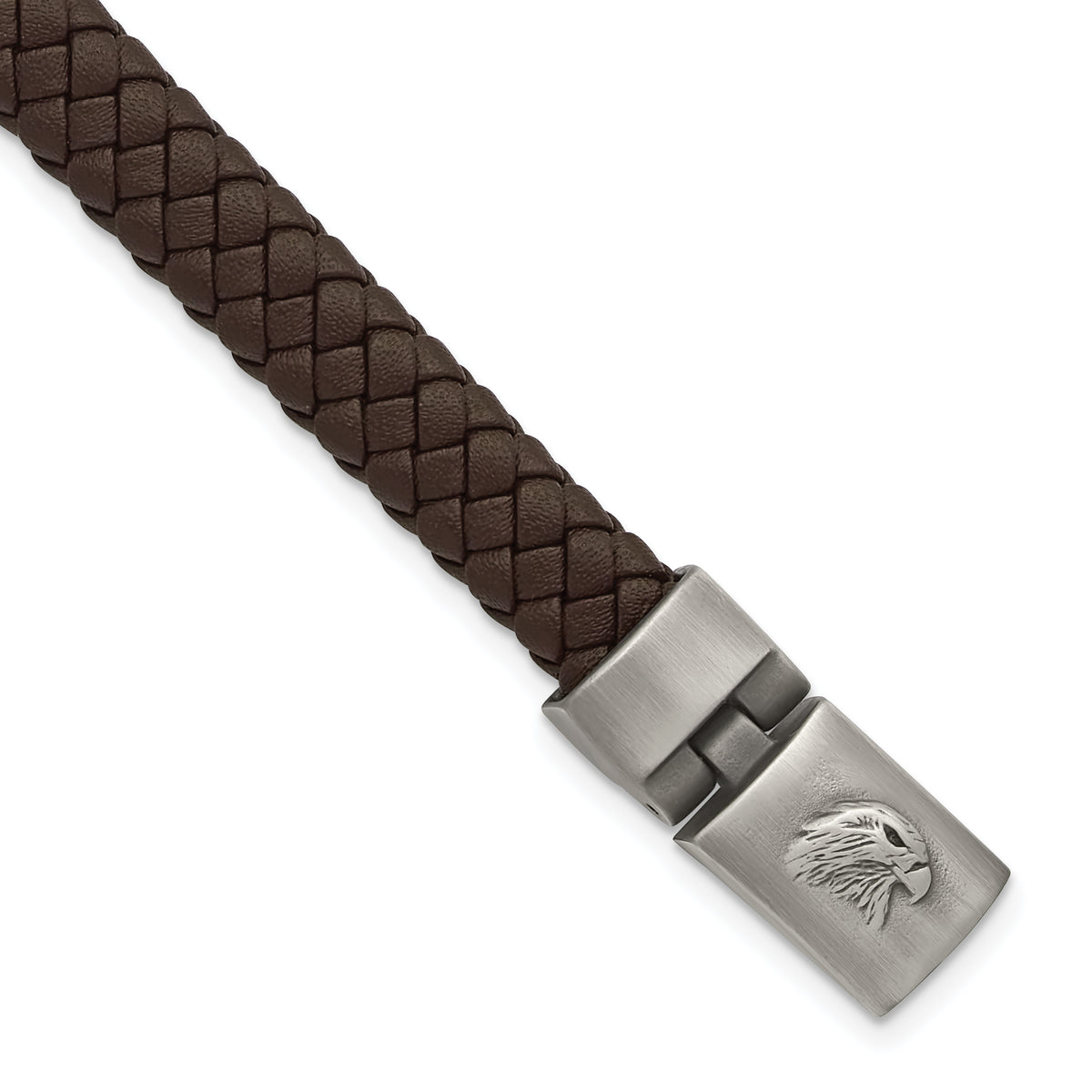 Chisel Stainless Steel Antiqued and Brushed Eagle Head Brown Braided Leather 8.75 inch Bracelet