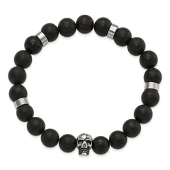 Chisel Stainless Steel Antiqued and Polished Black Agate Beaded with Skulls Stretch Bracelet