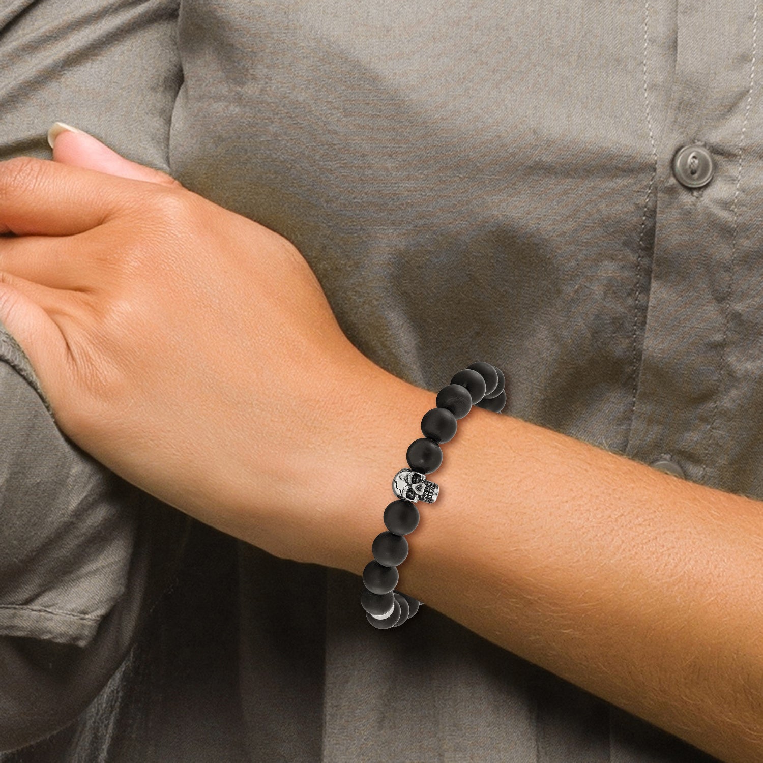 Chisel Stainless Steel Antiqued and Polished Black Agate Beaded with Skulls Stretch Bracelet