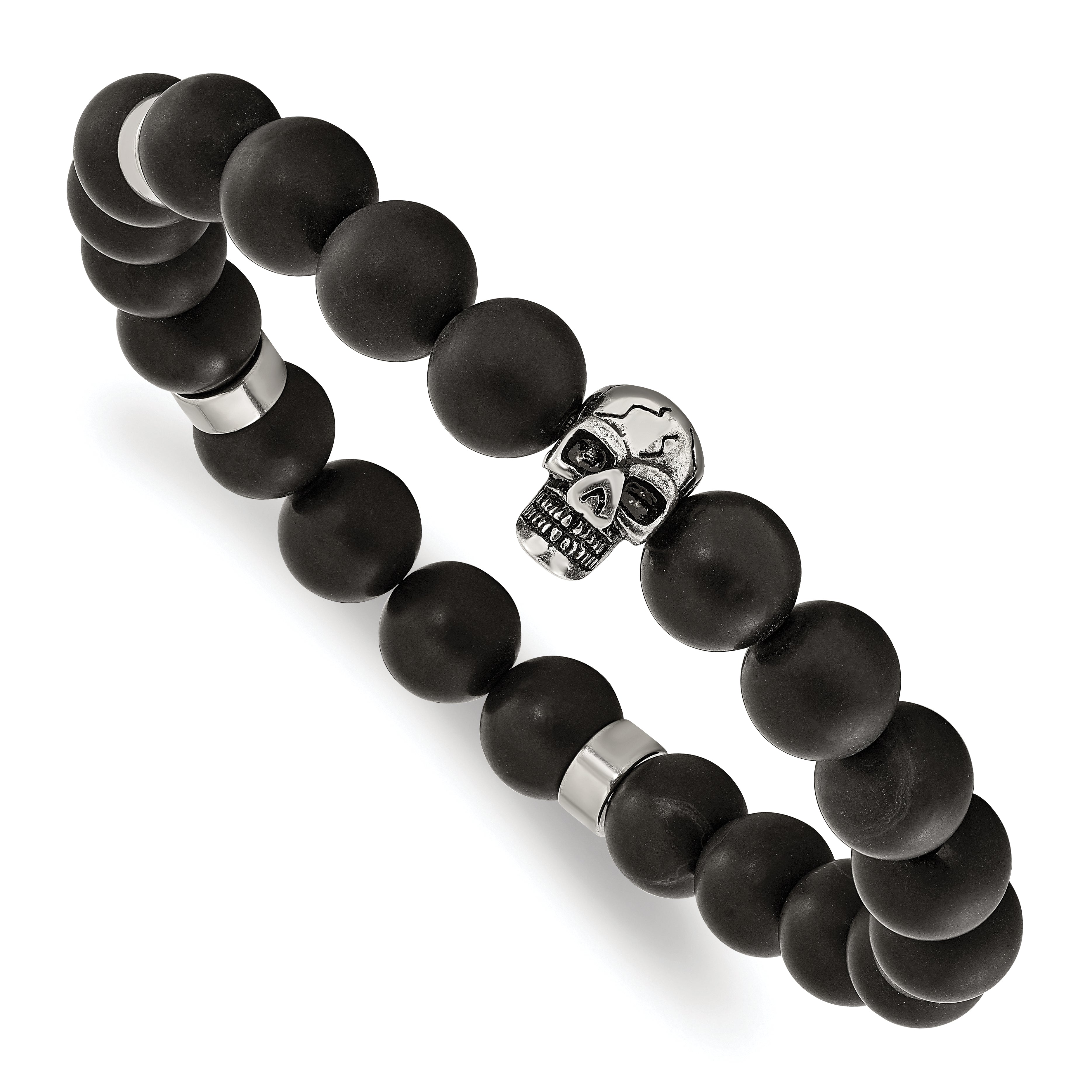 Chisel Stainless Steel Antiqued and Polished Black Agate Beaded with Skulls Stretch Bracelet