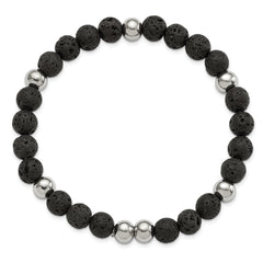 Chisel Stainless Steel Polished 9mm Lava Stone Beaded Stretch Bracelet