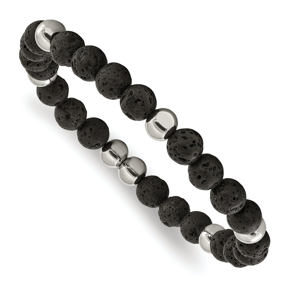 Chisel Stainless Steel Polished 9mm Lava Stone Beaded Stretch Bracelet