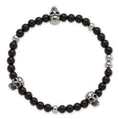 Chisel Stainless Steel Antiqued and Polished Black Agate Beaded with Skulls Stretch Bracelet