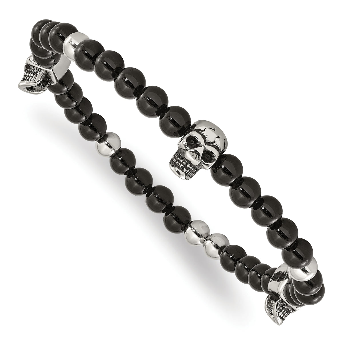 Chisel Stainless Steel Antiqued and Polished Black Agate Beaded with Skulls Stretch Bracelet