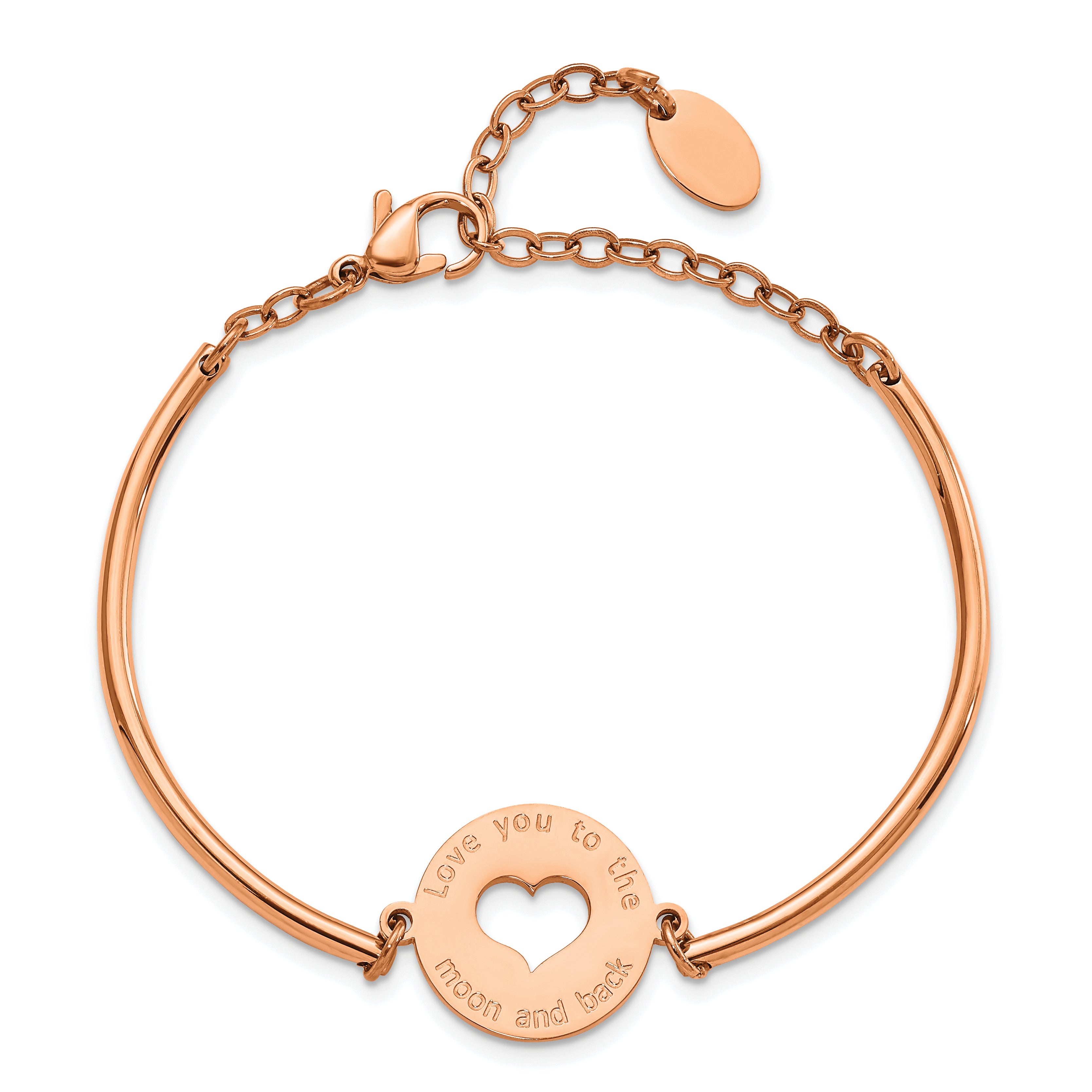 Chisel Stainless Steel Polished Rose IP-plated with Cut out LOVE YOU TO THE MOON AND BACK Heart Bangle 6.5 inch Bracelet with 2 inch Extension