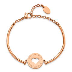 Chisel Stainless Steel Polished Rose IP-plated with Cut out LOVE YOU TO THE MOON AND BACK Heart Bangle 6.5 inch Bracelet with 2 inch Extension