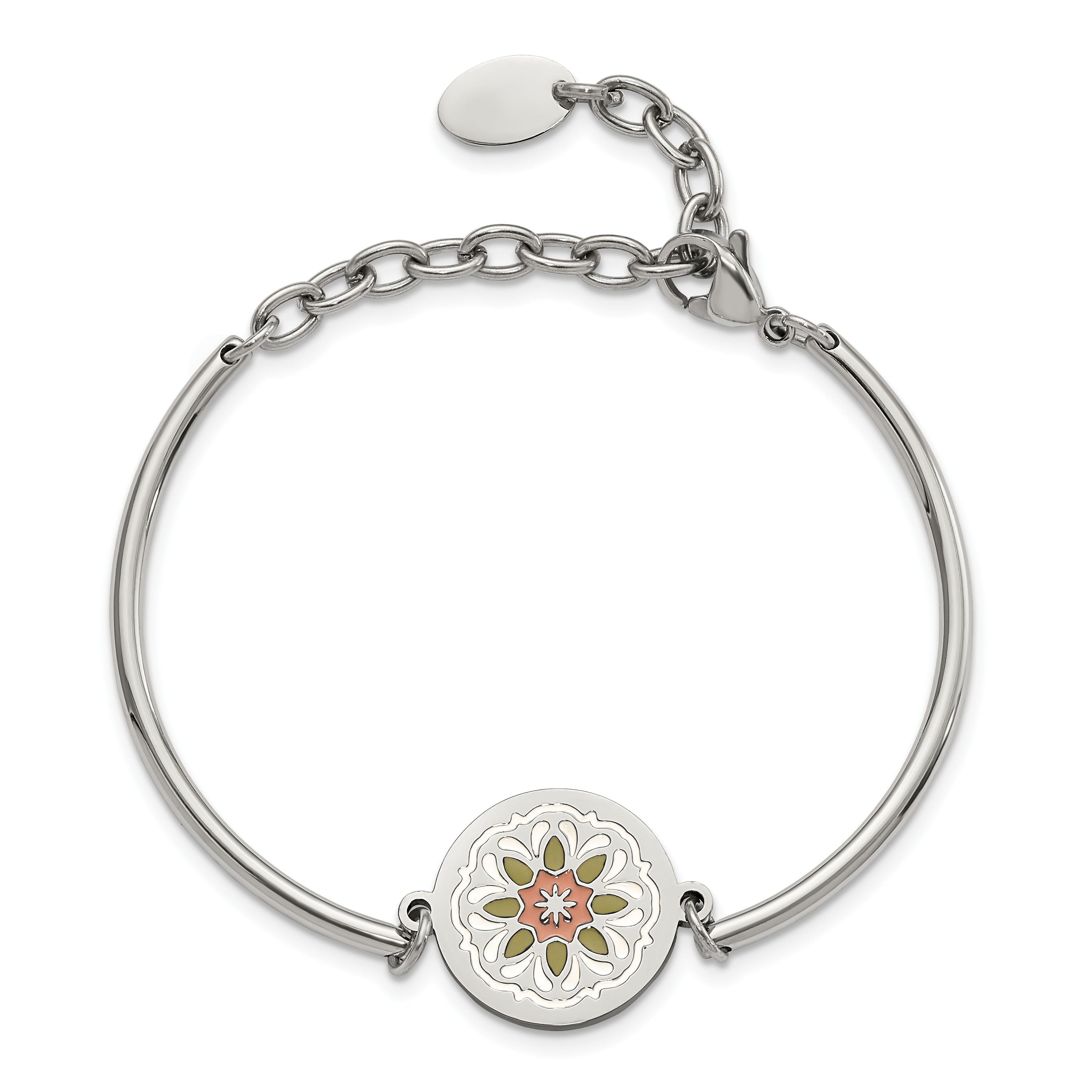 Chisel Stainless Steel Polished Enameled Flower 5.5 inch Bangle Bracelet with 2 inch Extension