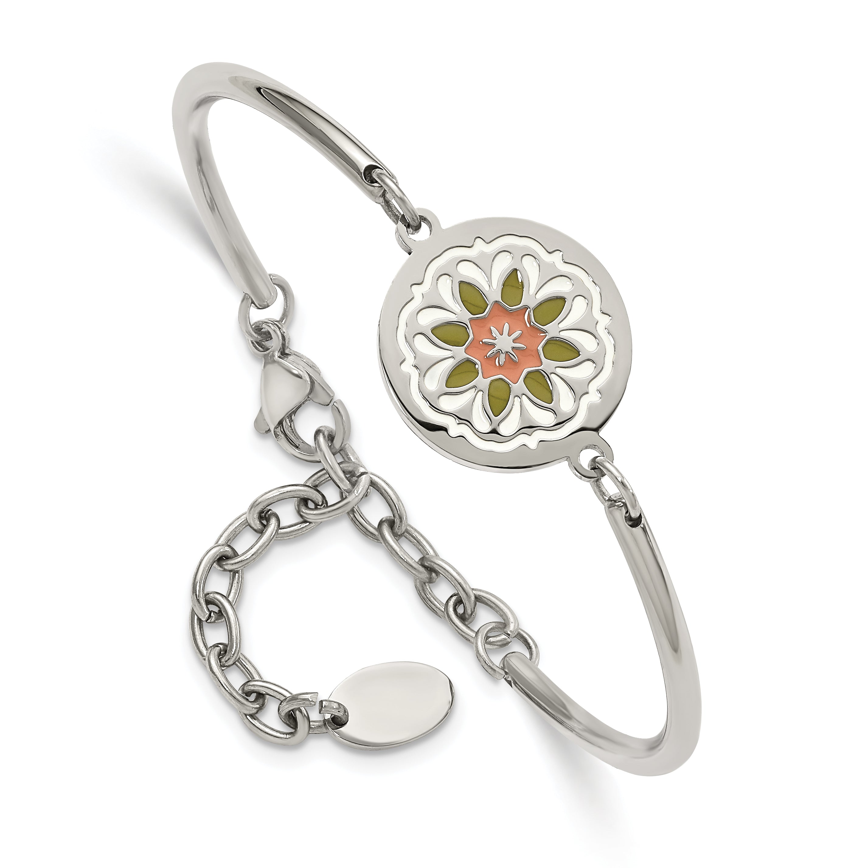 Chisel Stainless Steel Polished Enameled Flower 5.5 inch Bangle Bracelet with 2 inch Extension