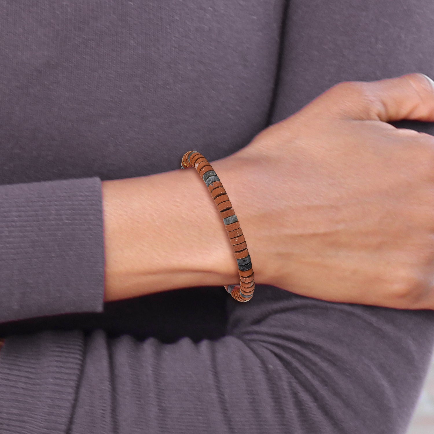 Chisel Stainless Steel Brushed Red Stone and Black Spectrolite Beaded Stretch Bracelet