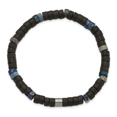 Chisel Stainless Steel Brushed Blue Sediment and Black Agate Beaded Stretch Bracelet