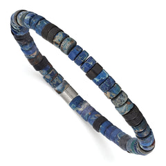 Chisel Stainless Steel Brushed Blue Sediment and Black Agate Beaded Stretch Bracelet