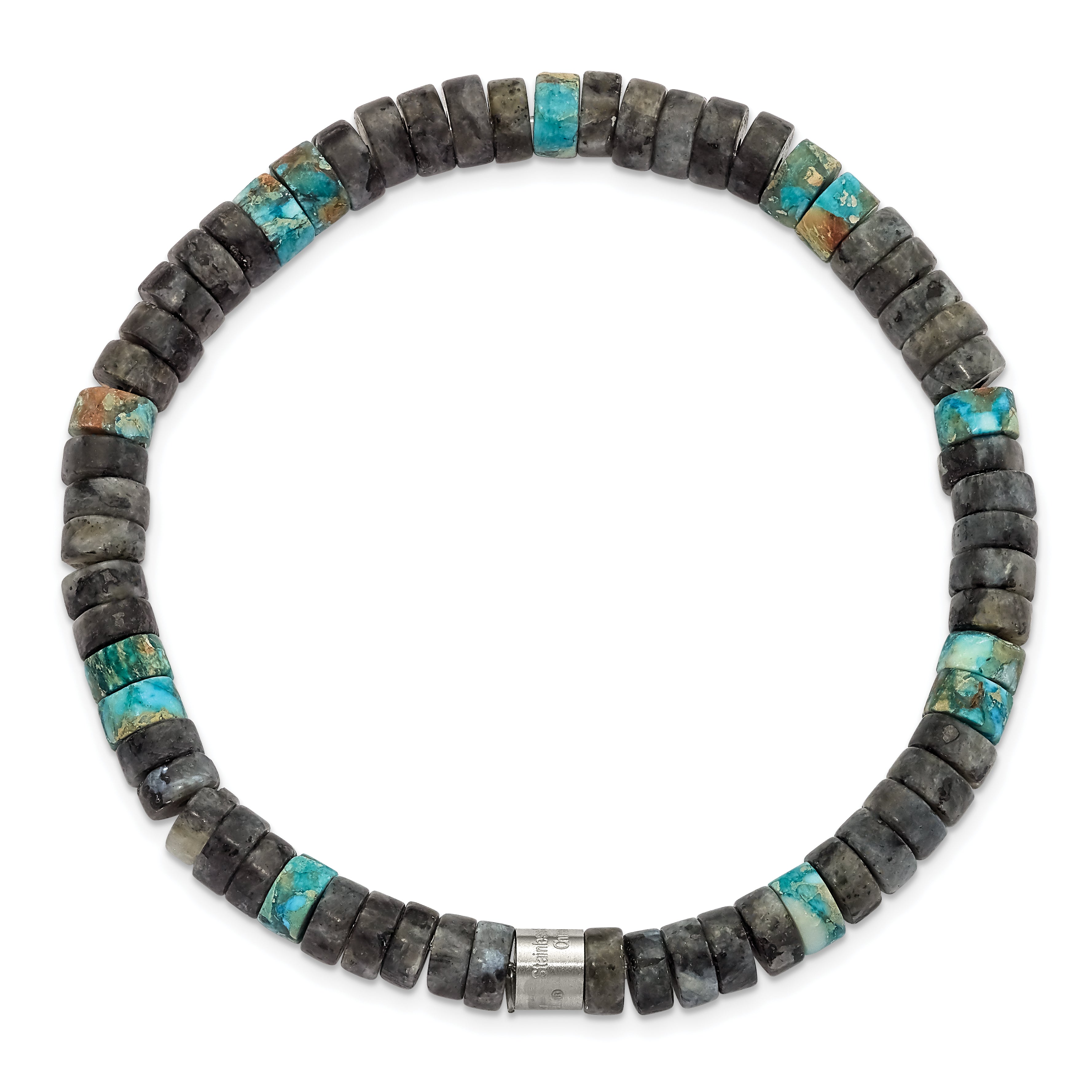 Chisel Stainless Steel Brushed Blue Sediment and Black Spectrolite Beaded Stretch Bracelet