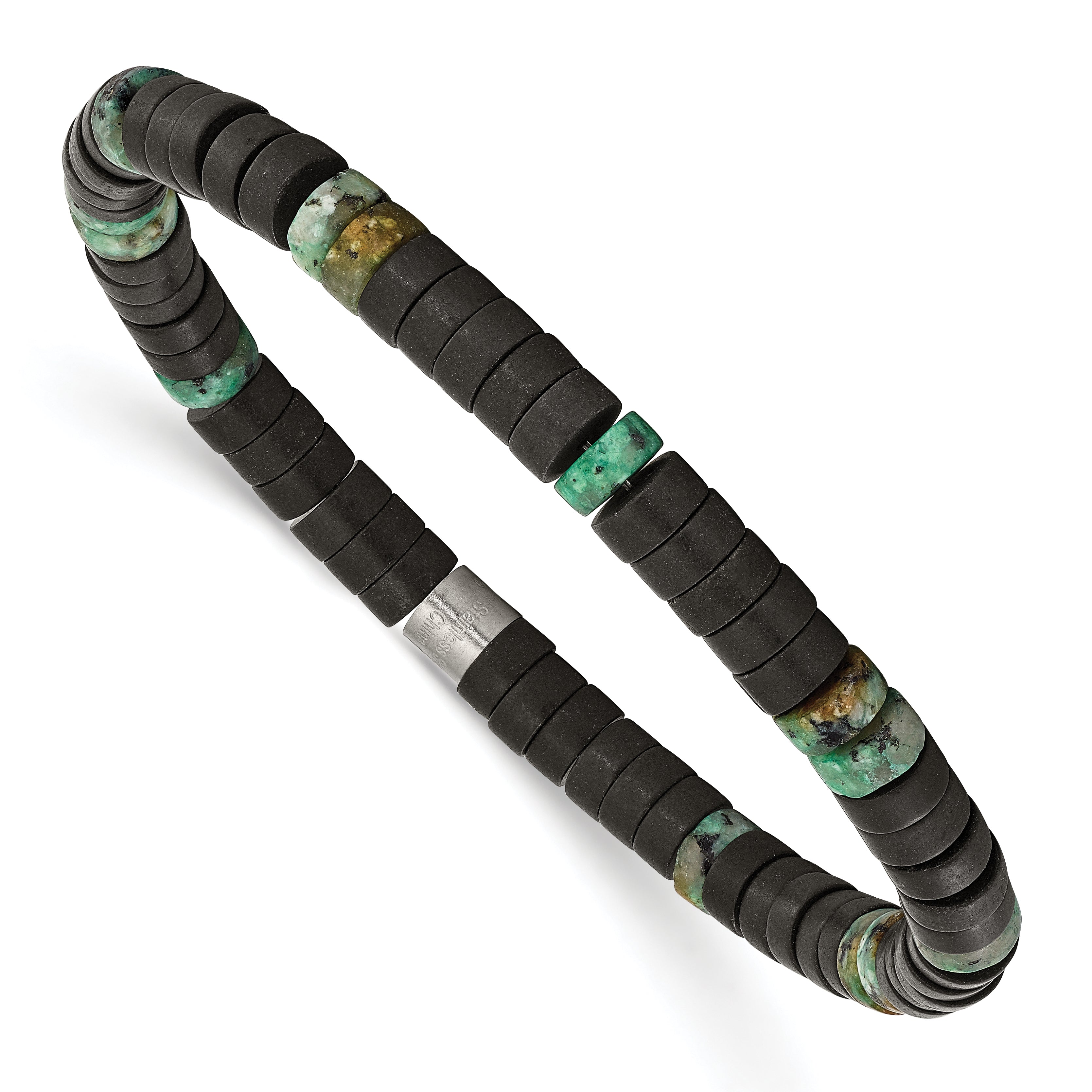 Chisel Stainless Steel Brushed Green Sediment and Black Agate Beaded Stretch Bracelet