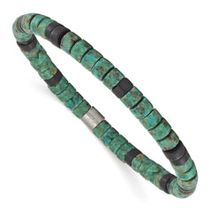 Chisel Stainless Steel Brushed Green Sediment and Black Agate Beaded Stretch Bracelet