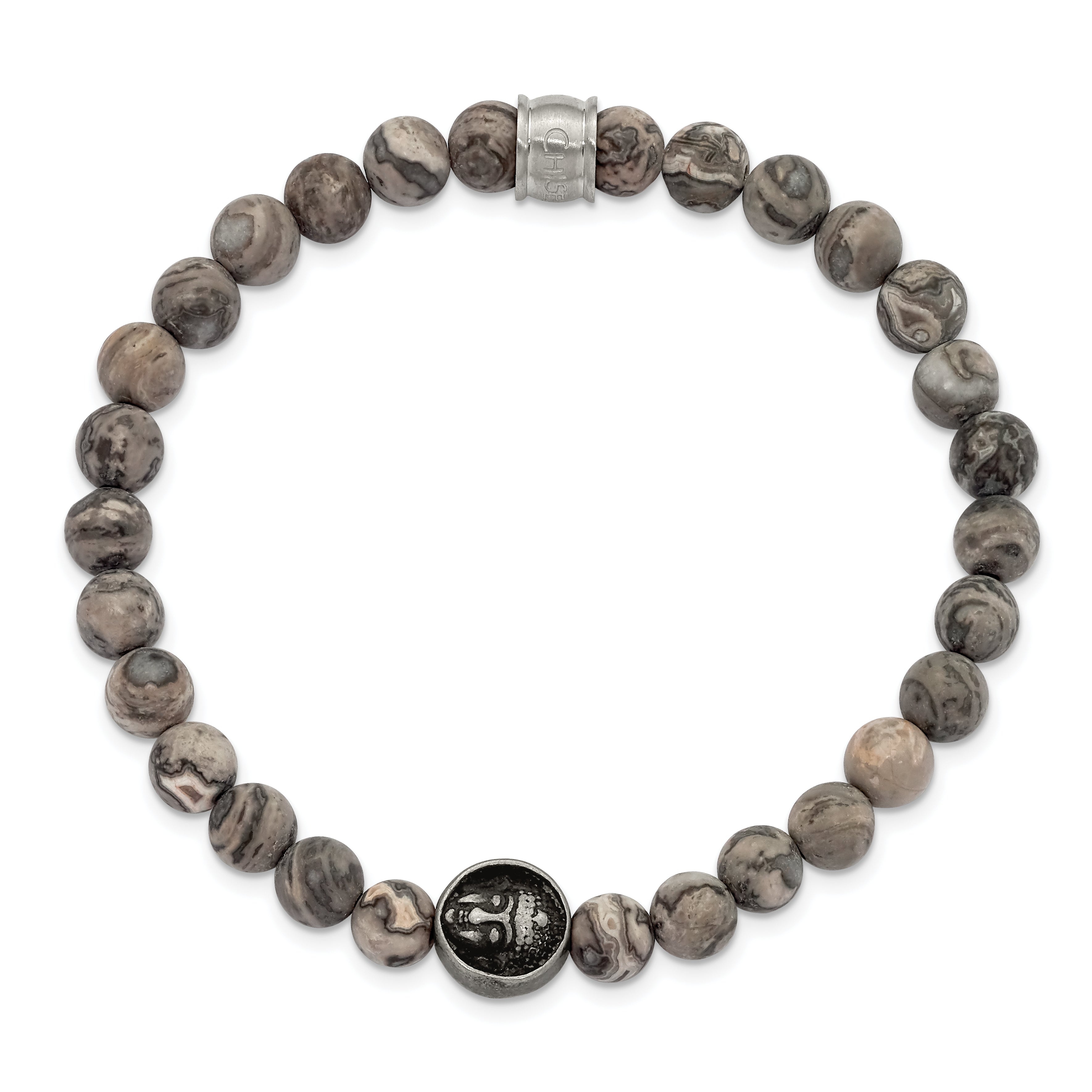 Chisel Stainless Steel Antiqued and Brushed Buddha 6.5mm Map Stone Beaded Stretch Bracelet