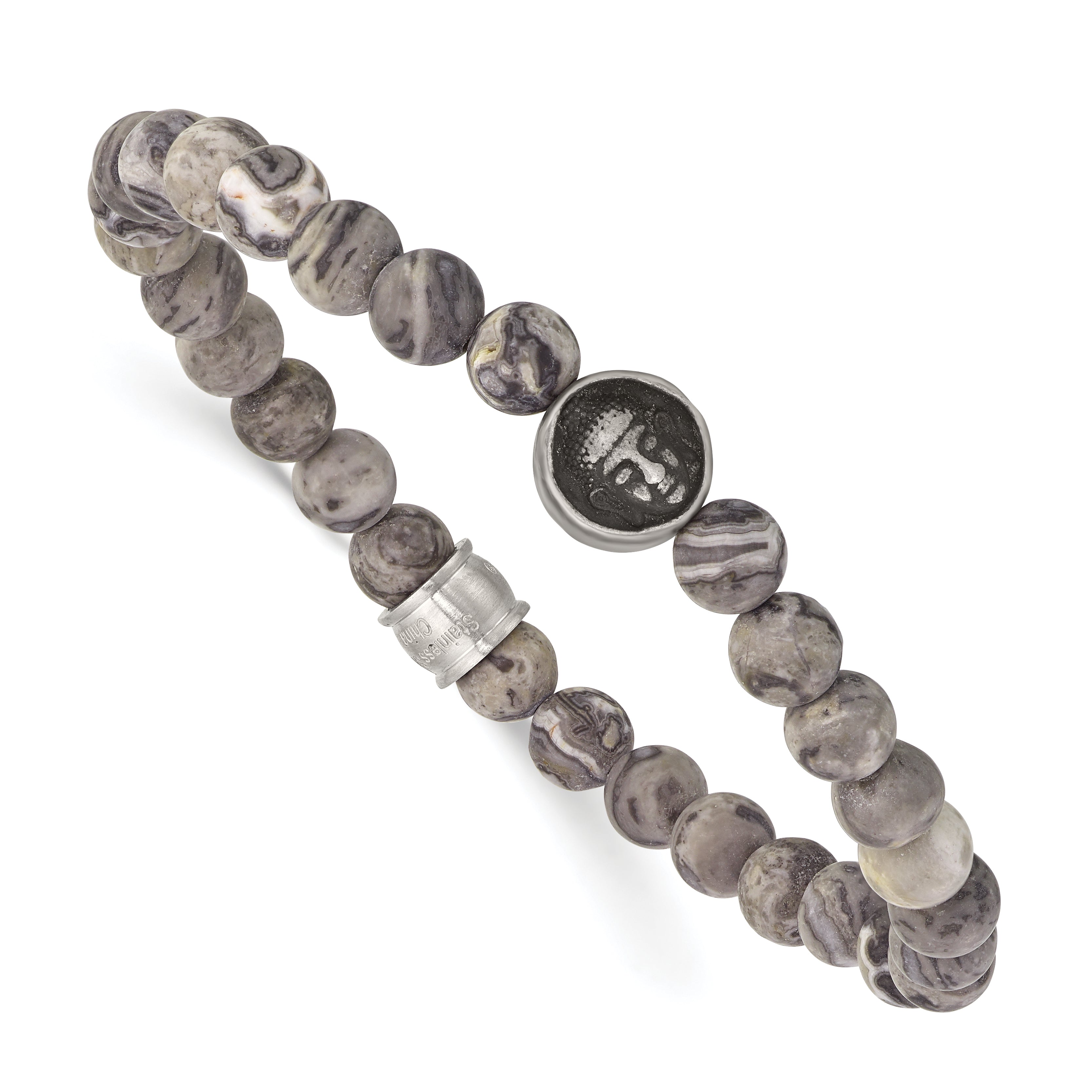 Chisel Stainless Steel Antiqued and Brushed Buddha 6.5mm Map Stone Beaded Stretch Bracelet