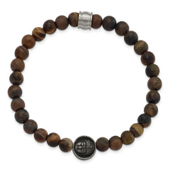 Chisel Stainless Steel Antiqued and Brushed Buddha 6.5mm Tiger's Eye Beaded Stretch Bracelet