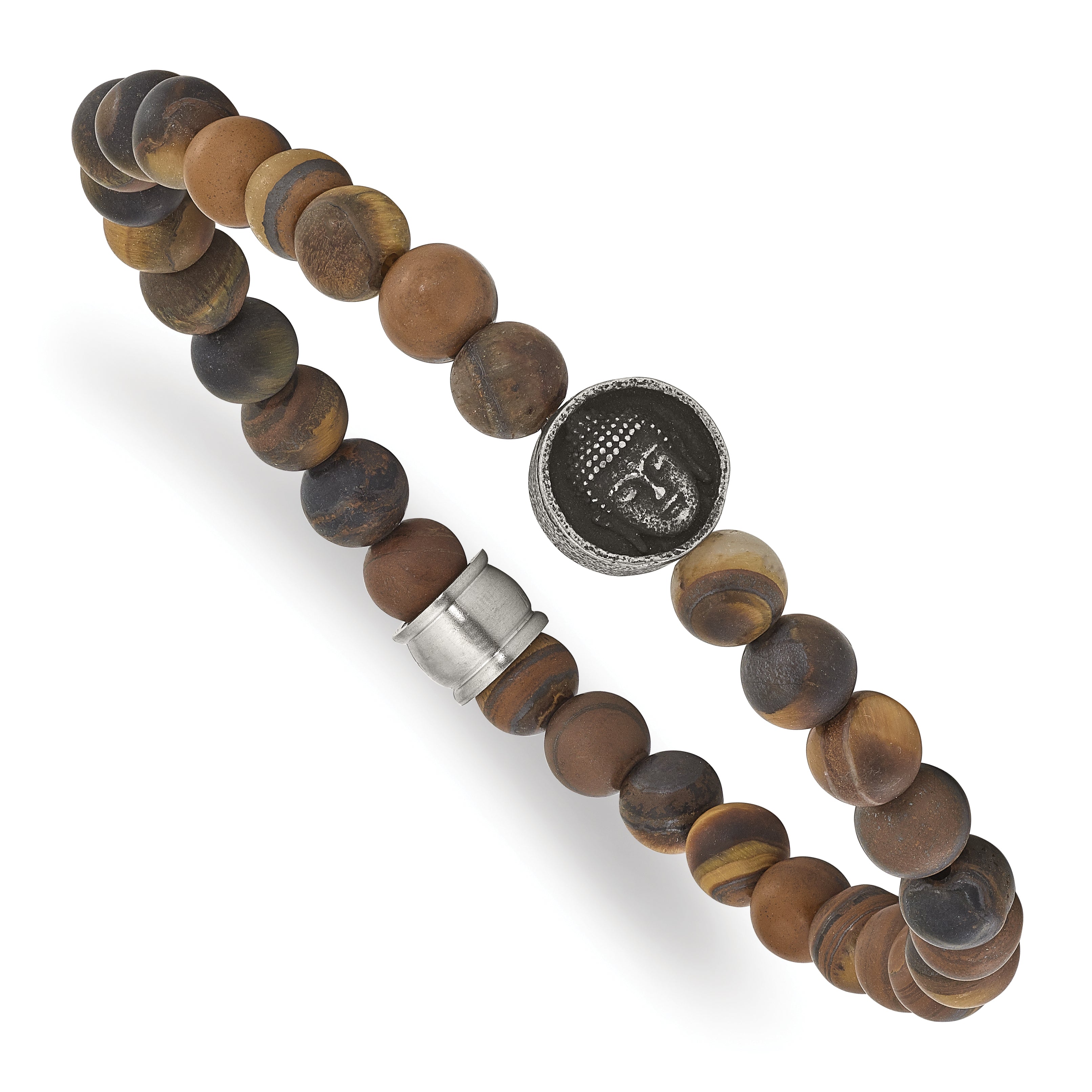 Chisel Stainless Steel Antiqued and Brushed Buddha 6.5mm Tiger's Eye Beaded Stretch Bracelet