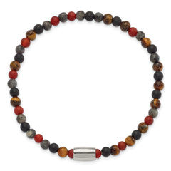 Chisel Stainless Steel Polished 5mm Spectrolite, Agate and Tiger's Eye Beaded Stretch Bracelet