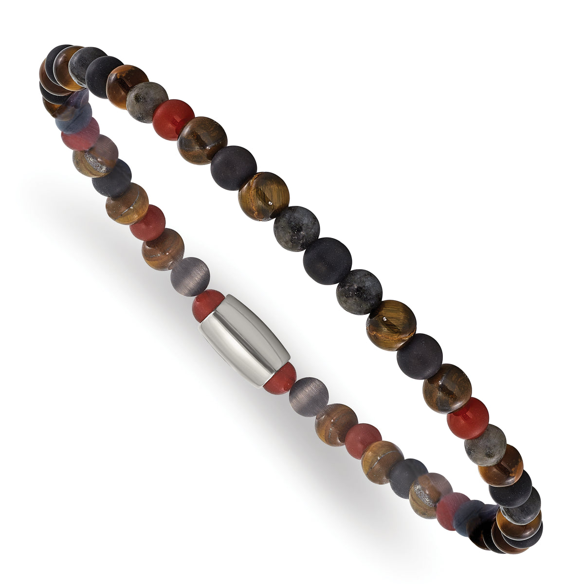 Chisel Stainless Steel Polished 5mm Spectrolite, Agate and Tiger's Eye Beaded Stretch Bracelet