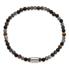 Chisel Stainless Steel Polished 5mm Spectrolite, Agate, Tiger's Eye and Blue Stone Beaded Stretch Bracelet