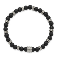 Chisel Stainless Steel Brushed 6.5mm Black Agate Beaded Stretch Bracelet