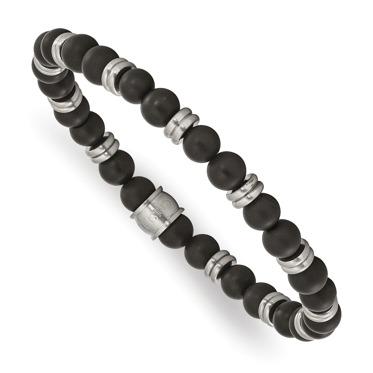 Chisel Stainless Steel Brushed 6.5mm Black Agate Beaded Stretch Bracelet