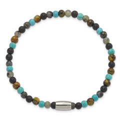 Chisel Stainless Steel Polished 5mm Spectrolite, Agate, Tiger's Eye and Howlite Beaded Stretch Bracelet