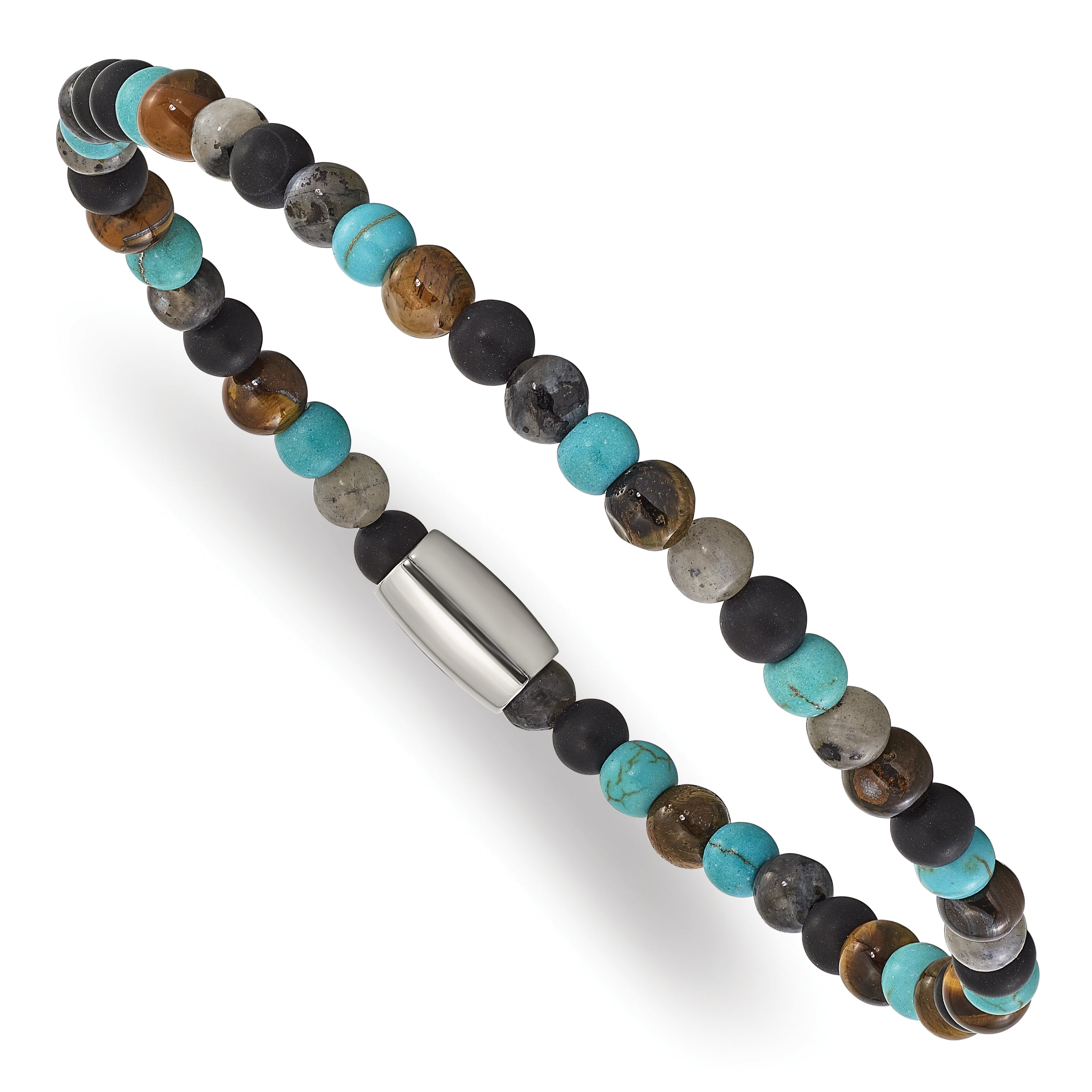 Chisel Stainless Steel Polished 5mm Spectrolite, Agate, Tiger's Eye and Howlite Beaded Stretch Bracelet