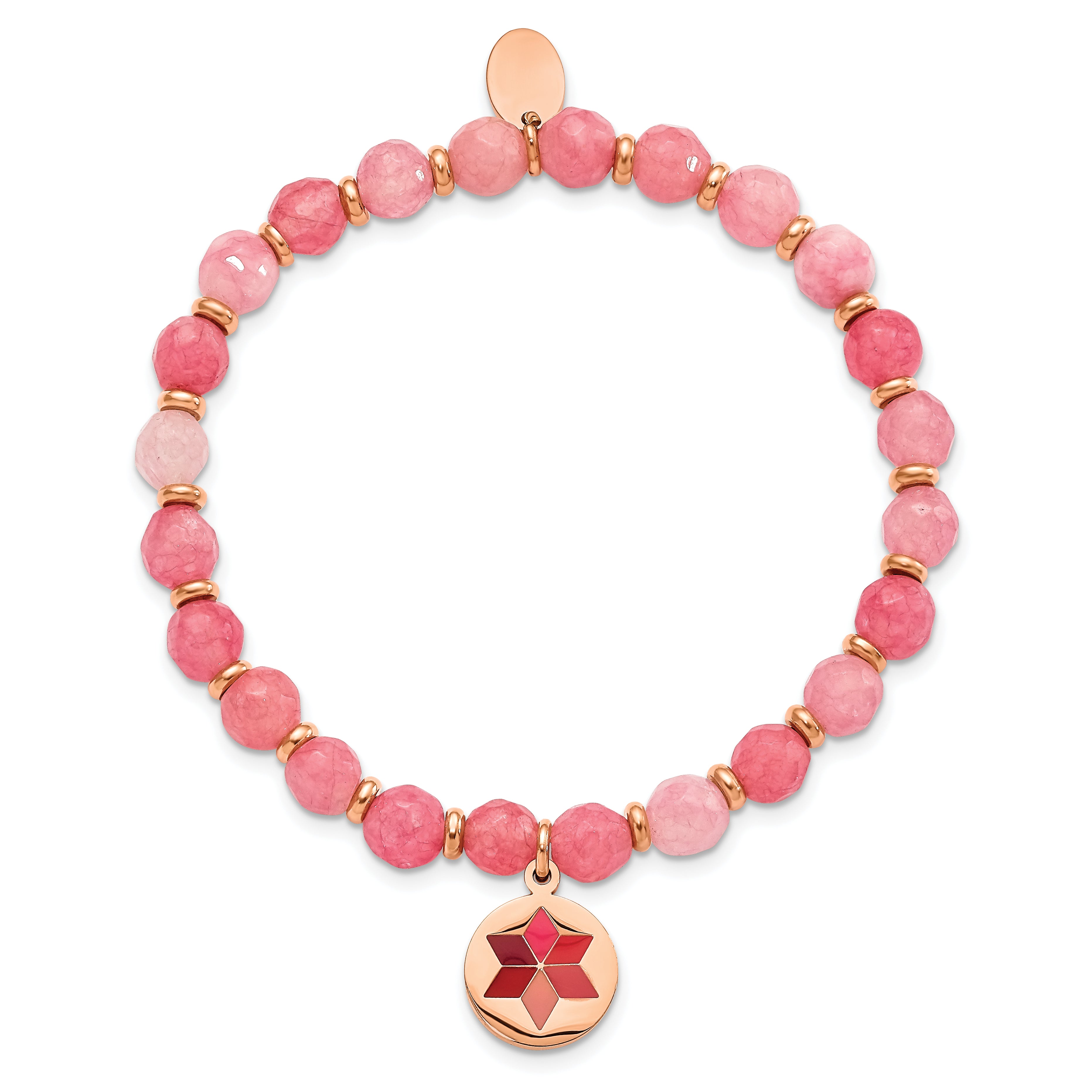 Chisel Stainless Steel Polished Rose IP-plated Enameled Flower Charm 6mm Pink Agate Beaded Stretch Bracelet