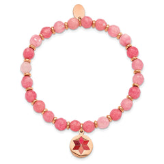 Chisel Stainless Steel Polished Rose IP-plated Enameled Flower Charm 6mm Pink Agate Beaded Stretch Bracelet