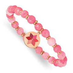 Chisel Stainless Steel Polished Rose IP-plated Enameled Flower Charm 6mm Pink Agate Beaded Stretch Bracelet