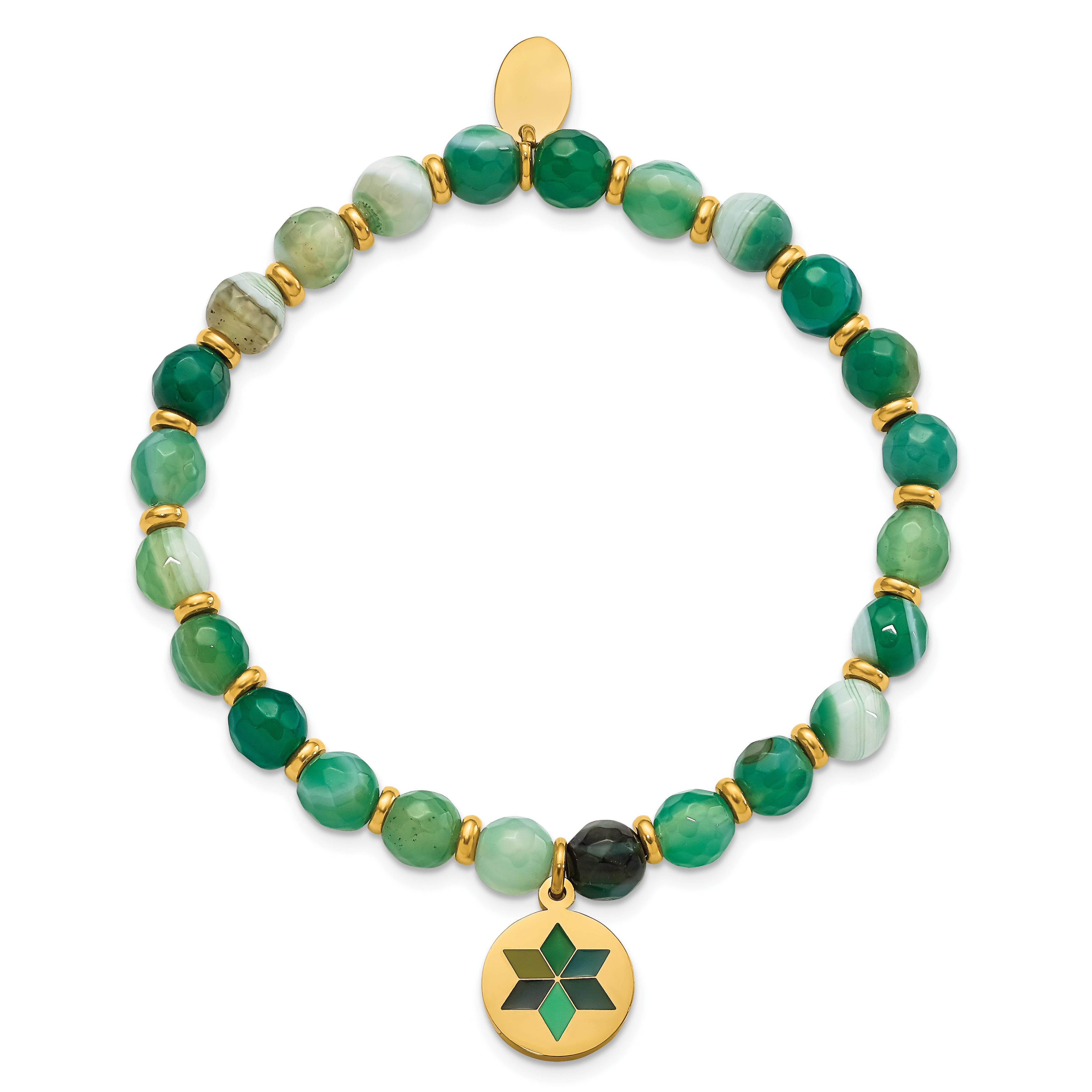 Chisel Stainless Steel Polished Yellow IP-plated Enameled Flower Charm 6mm Green Agate Beaded Stretch Bracelet