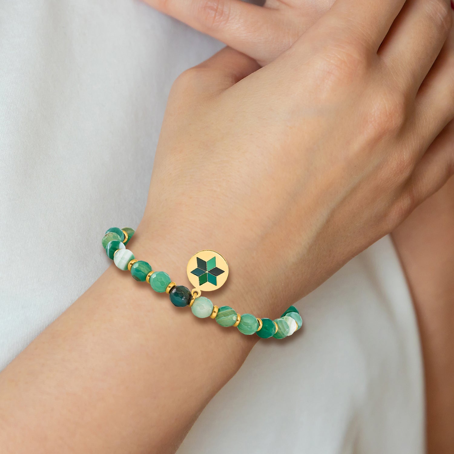 Chisel Stainless Steel Polished Yellow IP-plated Enameled Flower Charm 6mm Green Agate Beaded Stretch Bracelet