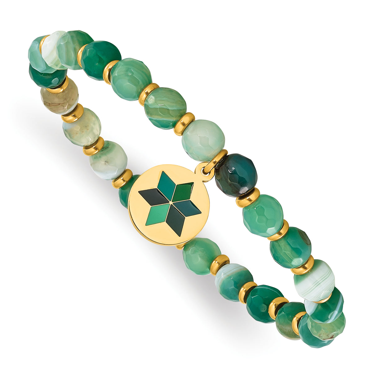 Chisel Stainless Steel Polished Yellow IP-plated Enameled Flower Charm 6mm Green Agate Beaded Stretch Bracelet