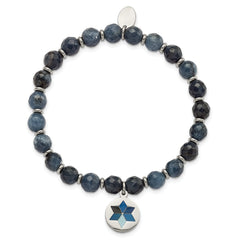 Chisel Stainless Steel Polished Enameled Flower Charm 6mm Blue Jade Beaded Stretch Bracelet