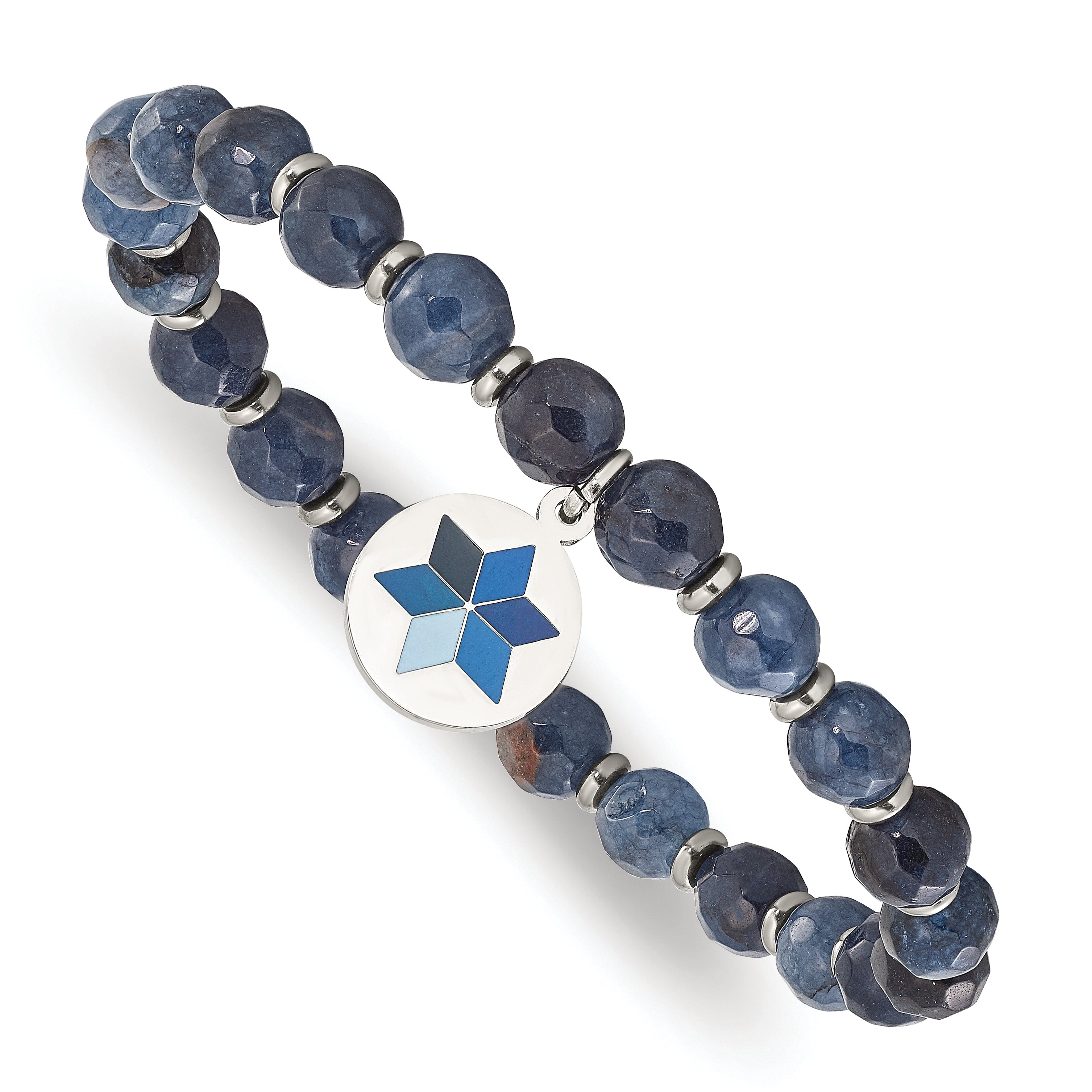 Chisel Stainless Steel Polished Enameled Flower Charm 6mm Blue Jade Beaded Stretch Bracelet