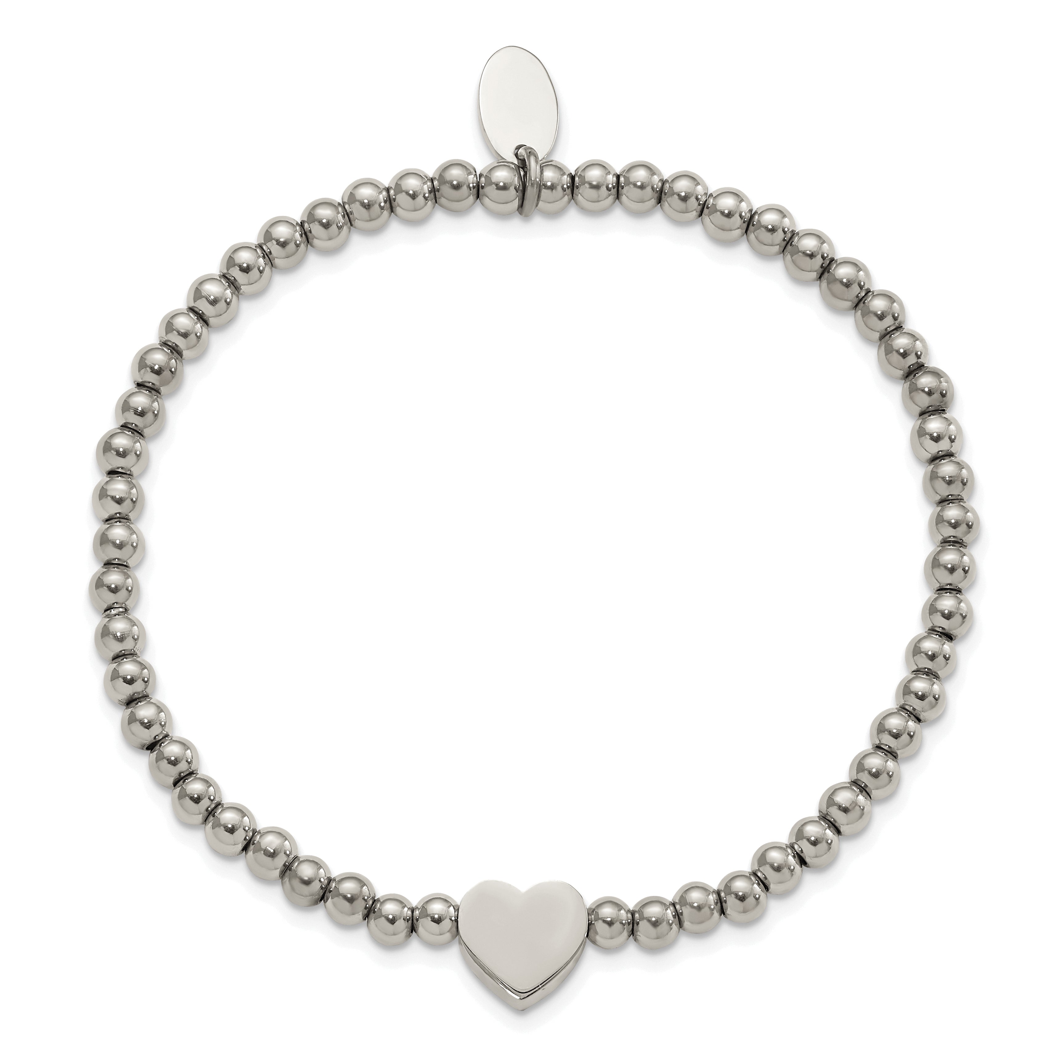 Chisel Stainless Steel Polished Heart 4mm Beaded Stretch Bracelet