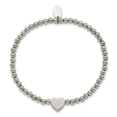 Chisel Stainless Steel Polished Heart 4mm Beaded Stretch Bracelet