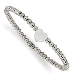 Chisel Stainless Steel Polished Heart 4mm Beaded Stretch Bracelet