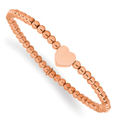 Chisel Stainless Steel Polished Rose IP-plated Heart 4mm Beaded Stretch Bracelet