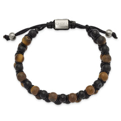 Chisel Stainless Steel Brushed Tiger's Eye and Black Agate Black Nylon Adjustable Bracelet