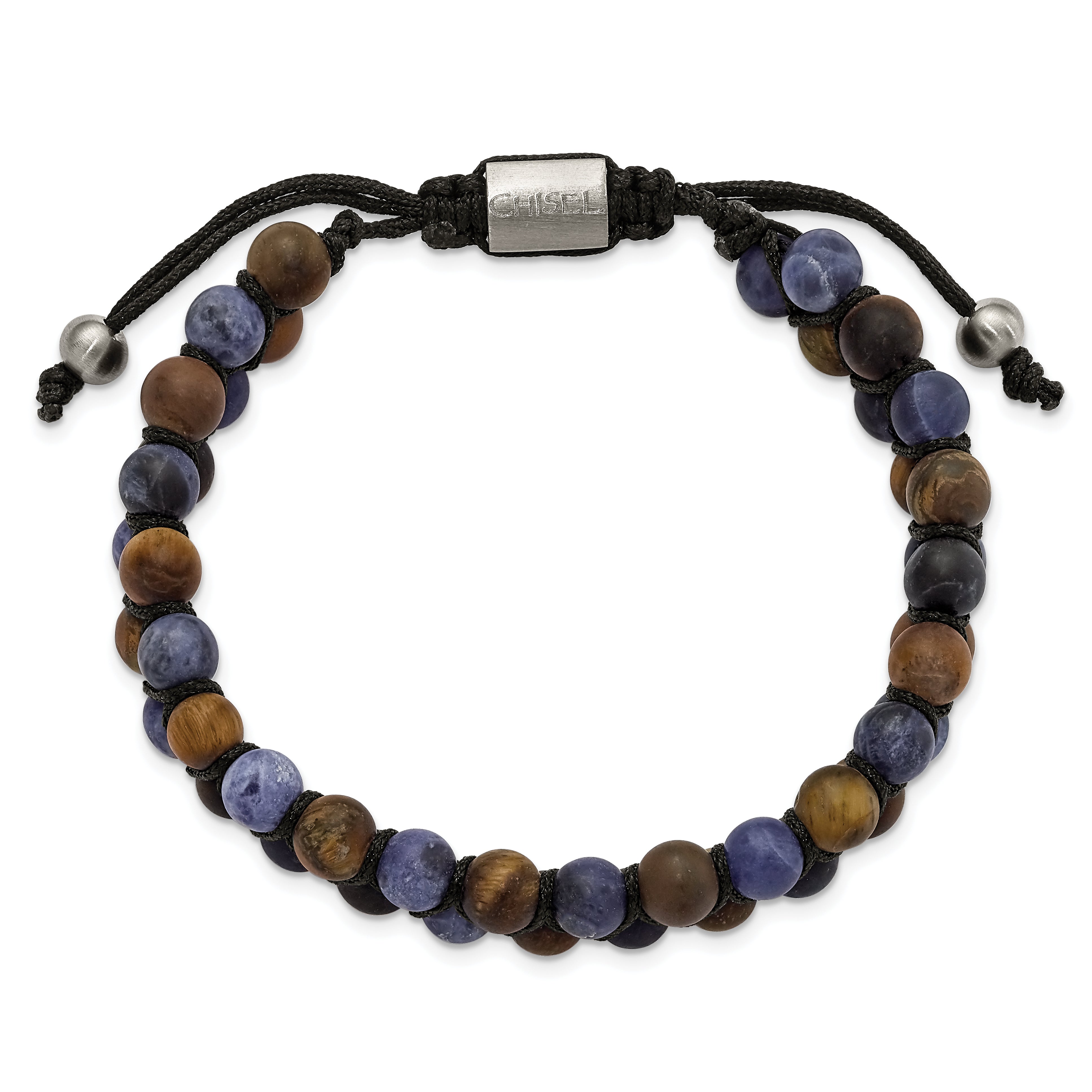 Chisel Stainless Steel Brushed Tiger's Eye and Sodalite Black Nylon Adjustable Bracelet