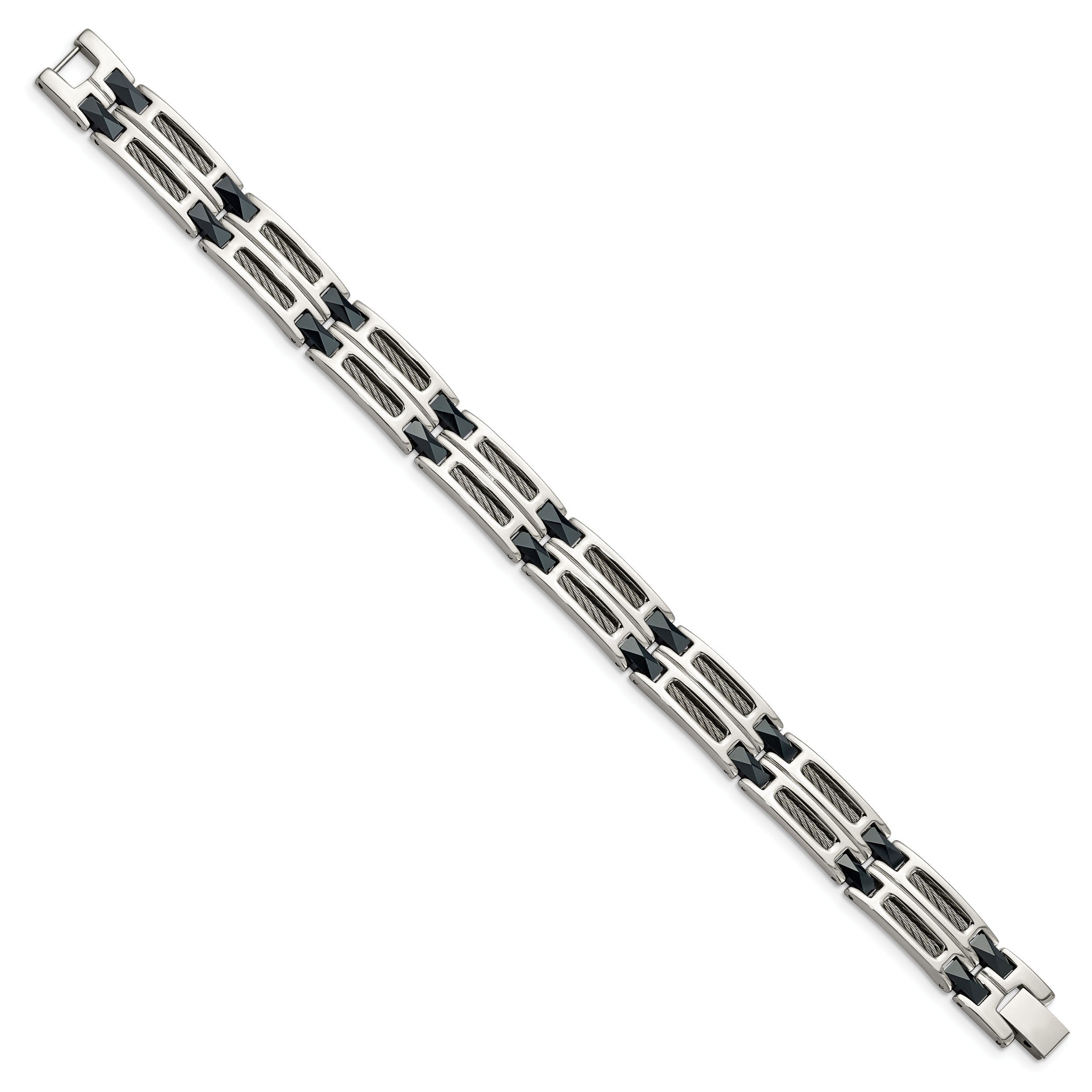 Chisel Stainless Steel Polished with Dark Blue Ceramic and Cable Inlay 8.75 inch Link Bracelet