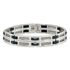 Chisel Stainless Steel Polished with Dark Blue Ceramic and Cable Inlay 8.75 inch Link Bracelet