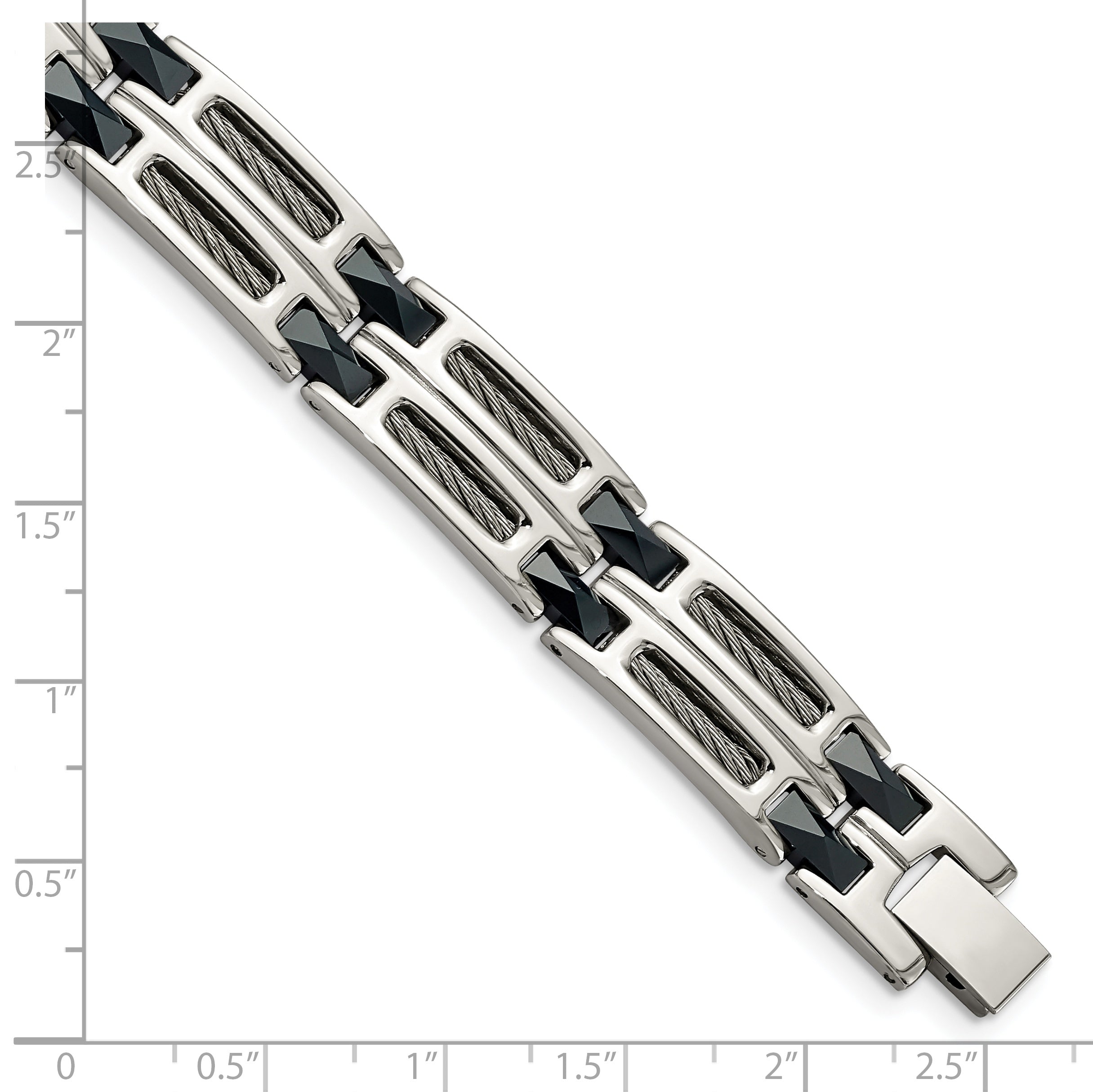 Chisel Stainless Steel Polished with Dark Blue Ceramic and Cable Inlay 8.75 inch Link Bracelet