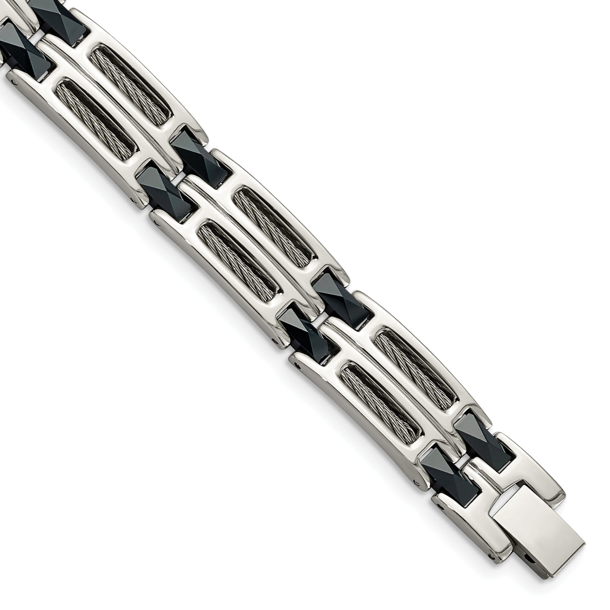 Chisel Stainless Steel Polished with Dark Blue Ceramic and Cable Inlay 8.75 inch Link Bracelet