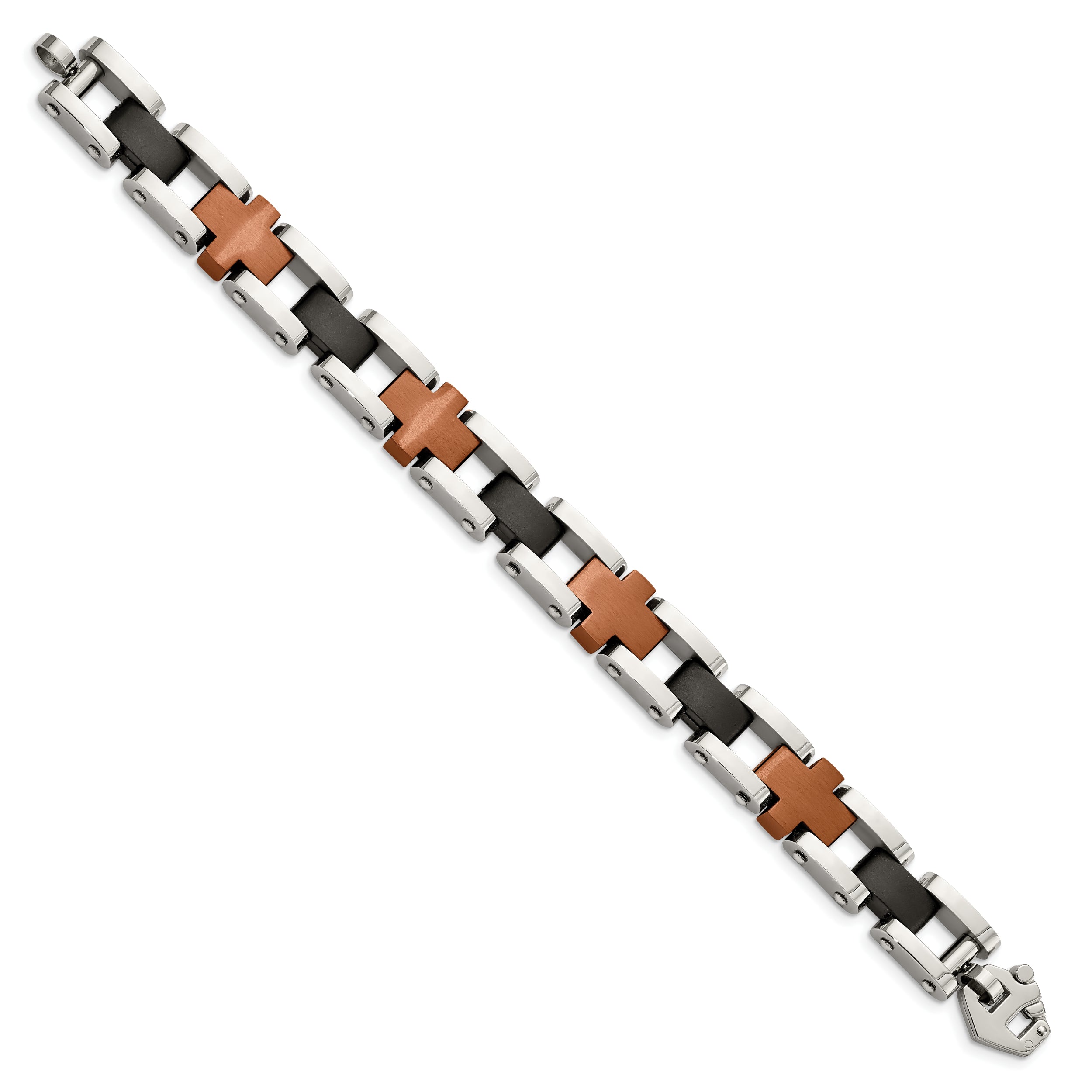 Chisel Stainless Steel Brushed and Polished Black and Brown IP-plated 8.75 inch Cross Link Bracelet