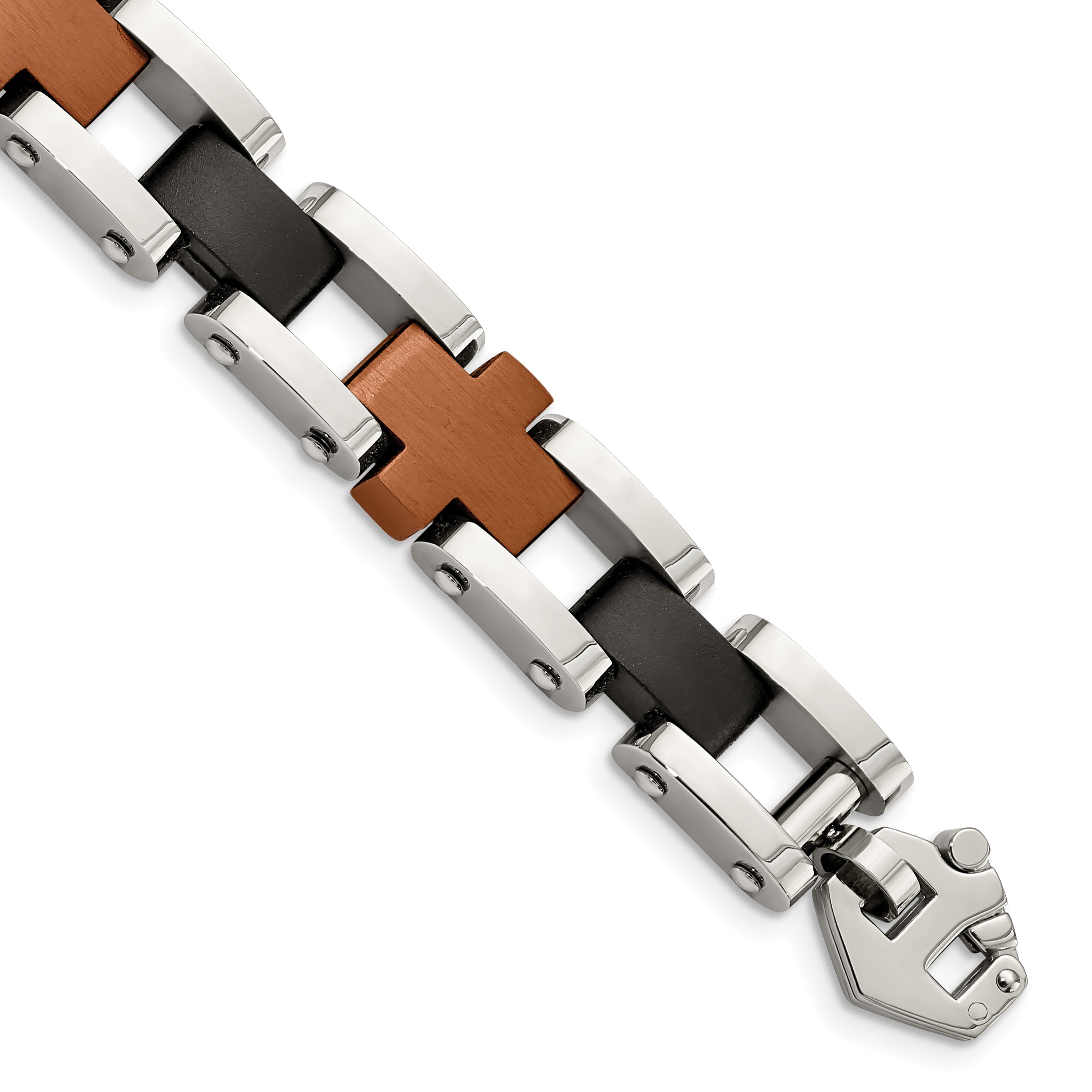 Chisel Stainless Steel Brushed and Polished Black and Brown IP-plated 8.75 inch Cross Link Bracelet