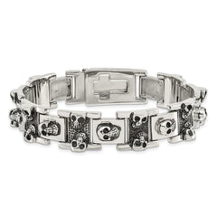 Chisel Stainless Steel Antiqued and Polished Skull Link 8.25 inch Bracelet